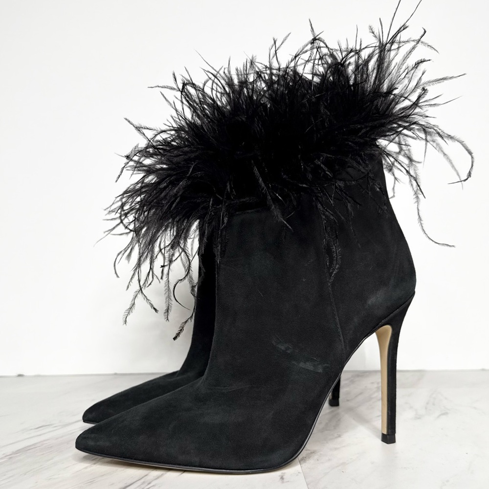 Michael Michael Kors Whitby Feather Trim Black Suede Pointy Toe Bootie 8M